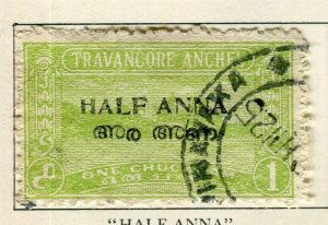 INDIA TRAVANCORE; 1949 early GVI Maharaj SERVICE local Optd. used 1/2a. value