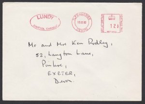 GB LUNDY 1982 cover  - Puffin stamps - DELAYED BY STORM.....................F880