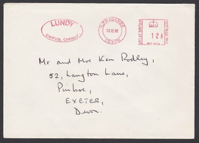 GB LUNDY 1982 cover  - Puffin stamps - DELAYED BY STORM.....................F880