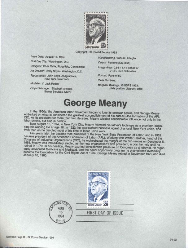 USA 2848 GEORGE MEANY SOUVENIR PAGE