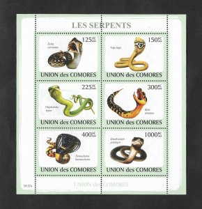 SE)2009 COMOROS ISLANDS, SNAKES, GARIBA VIPER, EGYPTIAN COBRA, CAPE TREE SNAKE,