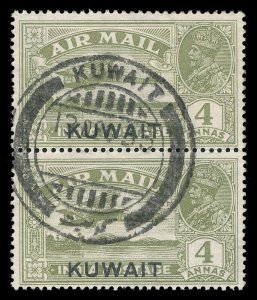 Kuwait 1933 KGV 4a olive-green pair double-ring KUWAIT postmark VFU. SG 33.