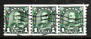 Canada-Sc#179-used 1c deep green KGV coil-strip of 3-id#235-1931-