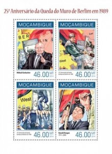 Mozambique - 2014 Berlin Wall Anniversary - 4 Stamp Sheet - 13A-1444