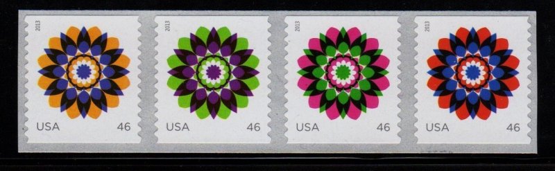 Scott 4722-25 or 4725a, 2013 Kaleidoscope Flowers Coil Strip of 4, MNH Beauties