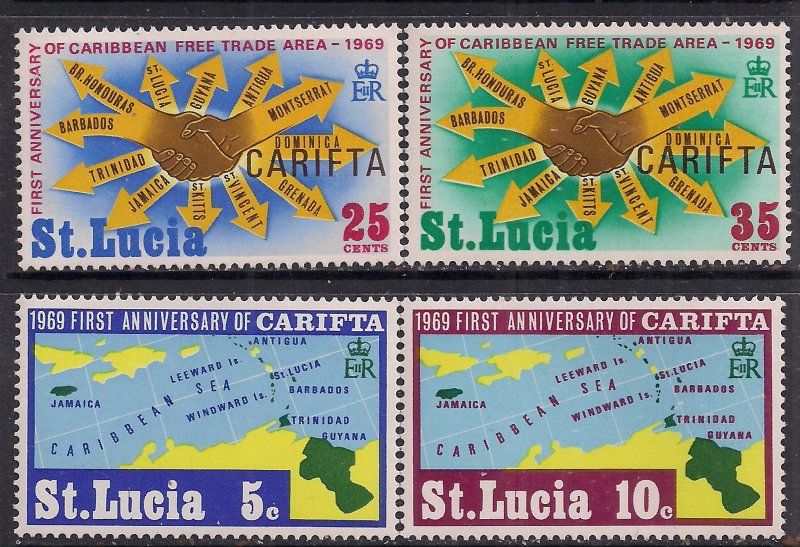 St Lucia 1969 QE2 Set of 4 stamps 1st Anniv CARIFTA Umm SG 264 - 267 ( 805 )