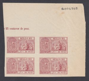 Philippines Forbin 13 MNH. 1898 25c carmine SELLO fiscal corner block, toned gum