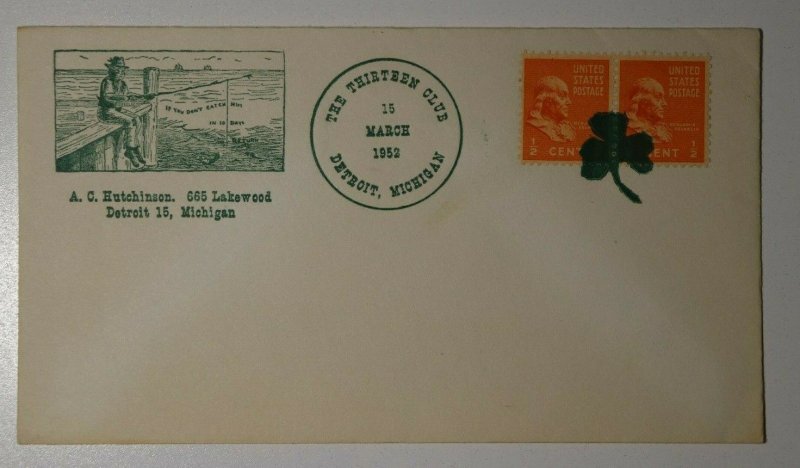 The Thirteen Club Detroit MI 1952 Philatelic clover fancy cancel 3 cloverleaf