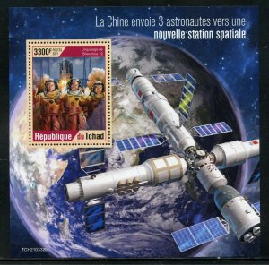 CHAD 2021  CHINESE LAUNCH ASTRONAUTS TO NEW SPACE STATION  S/SHEET MINT NH