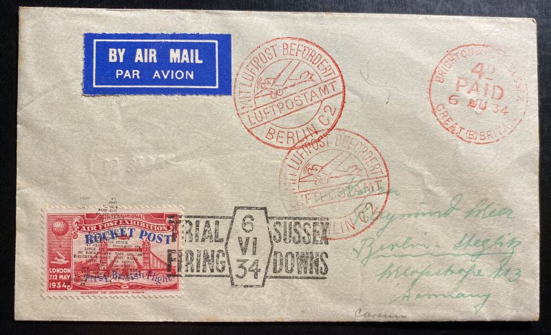 1934 Brighton England Rocket Mail Trial Flight Cover to BerlinGermany 