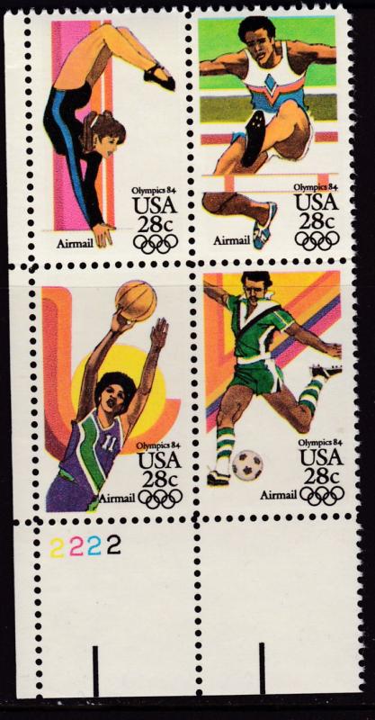 United States 1980 28cent OLYMPIC Games Soccer  Plate Number Block. VF/NH