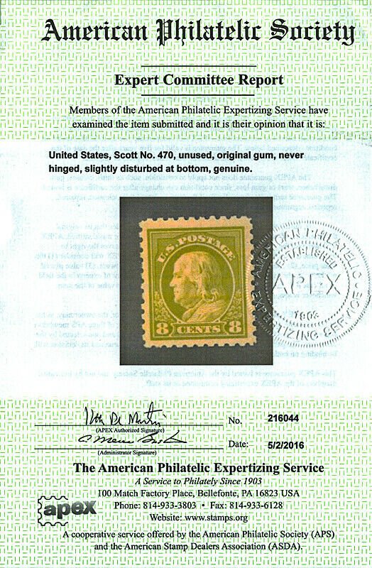 Scott 470 1916 8c Olive Green Franklin Perf 10 Mint Graded VF 80J LH w/ PSE CERT