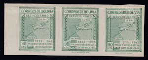 Bolivia 1945 90c Light Green Marginal Imperf Strip of 3 MNH. Scott 102a var