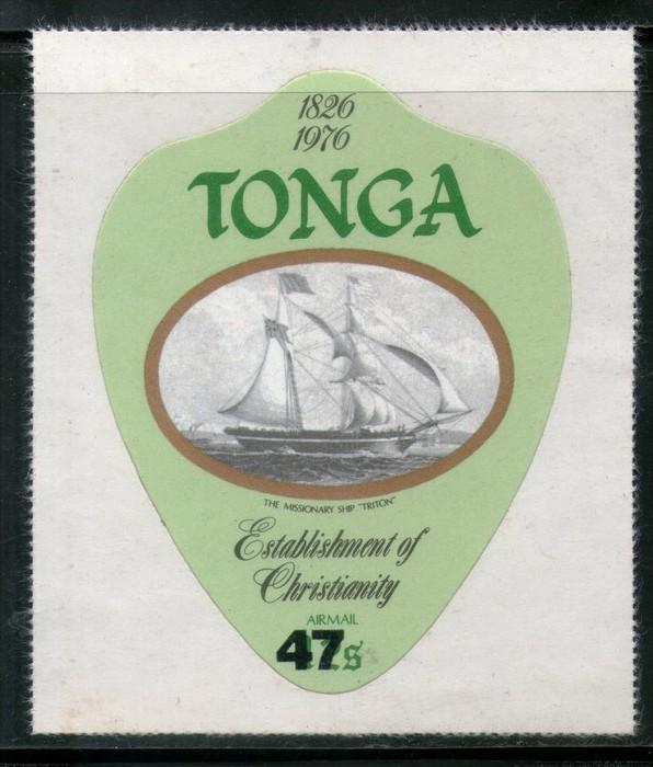 TONGA 1980 47$ CHRISTIANITY, SAILING SHIP ODD SHAPED DIE CUT MNH # 2433