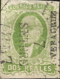 J) 1856 MEXICO, HIDALGO, 2 REALES GREEN, VERACRUZ DISTRICT, FULL MARGINS, MN  