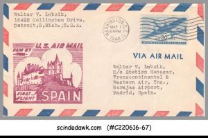 USA - 1946 U.S. AIR MAIL FAM 27 TWA MICHIGAN USA to MADRID SPAIN - FFC