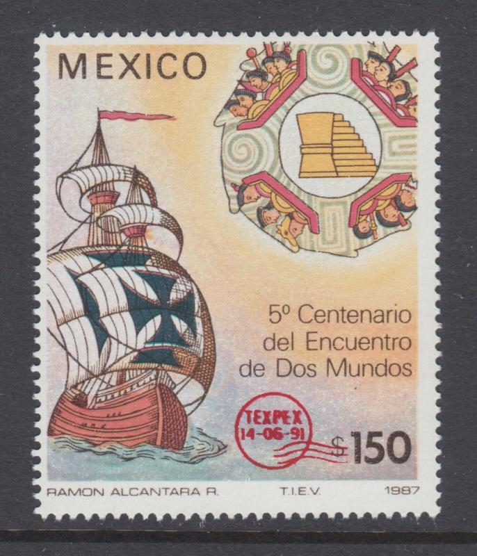 Mexico Sc 1698 MNH. 1991 150p Sailing Ship with red TEXPEX overprint, fresh