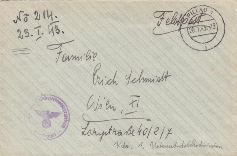 1943, Germany: 1st U-Boat Training Div., Pillaum, Censored, (M805)