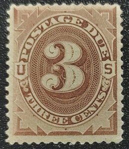 Scott Stamp# J10 - 1879 3¢ Scarce Deep Brown.  MNH, OG.  SCV $20,000.00