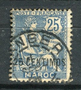 FRENCH COLONIES; MOROCCO 1900s classic Mouchon surcharged used 25c. Postmark