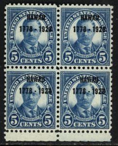 SCOTT 648 1928 5 CENT HAWAII SESQUICENTENNIAL ISSUE BLK OF 4 MNH OG VF CAT $86