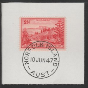 NORFOLK ISLAND 1947 KG6 BALL BAY 2.5d on piece with MADAME JOSEPH  POSTMARK