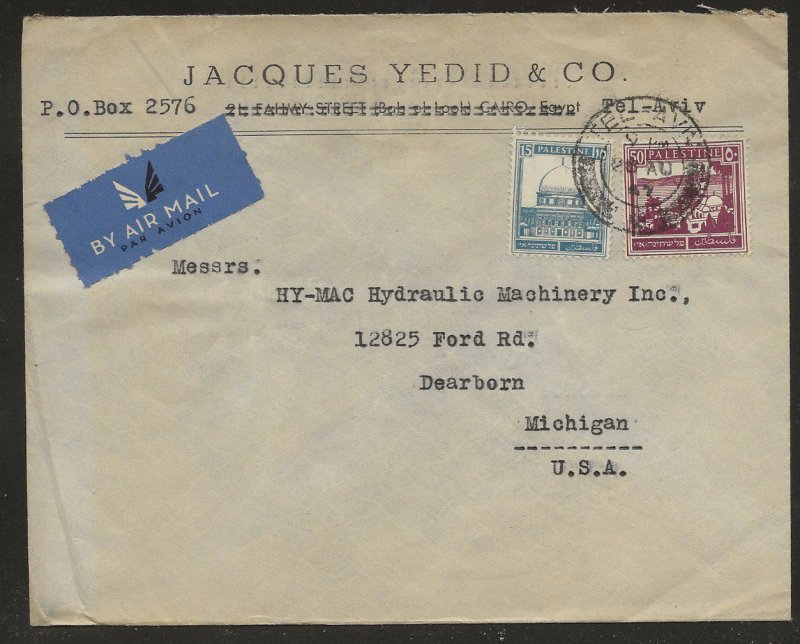 8/28/1947 Palestine Tel-Aviv Commercial Cover Jacques Yedid  HY-MAC Hydraulic
