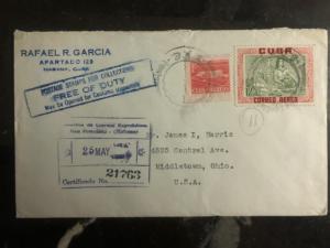 1959 Habana Cuba Airmail Registered cover to Middletown OH USA