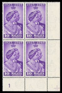 Malaya - Selangor 1948 KGVI Silver Wedding 10c violet Plate 1 block MNH. SG 88.