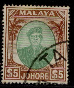 MALAYSIA - Johore GVI SG147, $5 green & brown, FINE USED. Cat £20.