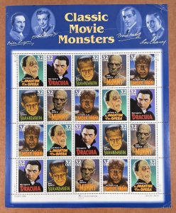 Scott 3168-3172 CLASSIC MOVIE MONSTERS Sheet of 20 US 32¢ Stamps Flaws 1997