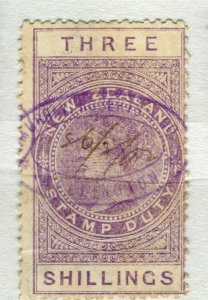 NEW ZEALAND; 1880s early classic QV Stamp Duty fine used 3s. value