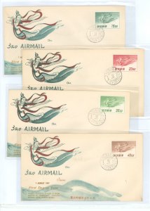 Ryukyu Islands C9-C12 1957 Heavenly Nymph airmail series (4 of 5) on four unaddressed cacheted first day covers (reverse of each