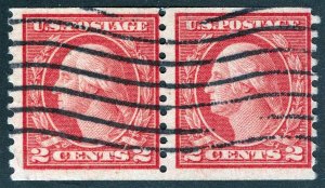 US Sc 455 Carmine 2¢ 1914 p.10 SLWmk Rotary Coil Pair Black Wavey Line Cancel