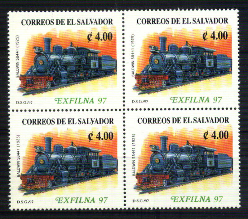 #1712 EL SALVADOR 1997 TRANSPORT OLD TRAIN,PHILAT EXPO EXFILNA BLOCx4 YV1307 MNH