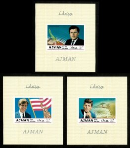 Ajman 1969 - Kennedy Brothers, JFK, Robert, Ted - 3 Imperf Souvenir Sheets - MNH