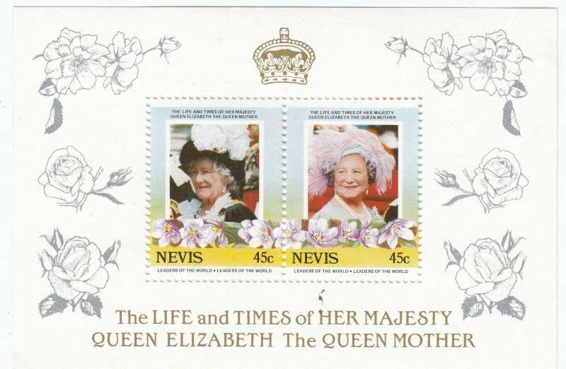 Nevis; Life & Times Of The Queen Mother Sheetlet, MNH, 2 x 45c, 1985