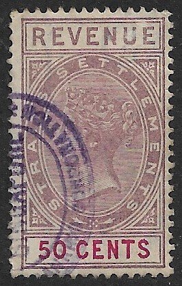 STRAITS SETTLEMENTS 1887 50c Lilac & Red QV Revenue Bft 39 VFU