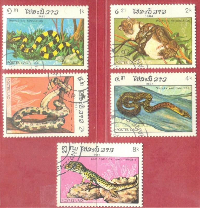 LAOS STAMPS SC# 585+86+88+89+90  *CTO* 1984  REPTILES  SEE SCAN