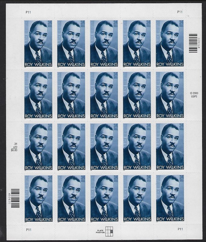 Catalog # 3501 Sheet of 20 Stamps Roy Wilkins Black Heritage Civil Rights