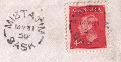 Canada #  287 Used on cover Mistatim MY31 50 Sask  pop 104