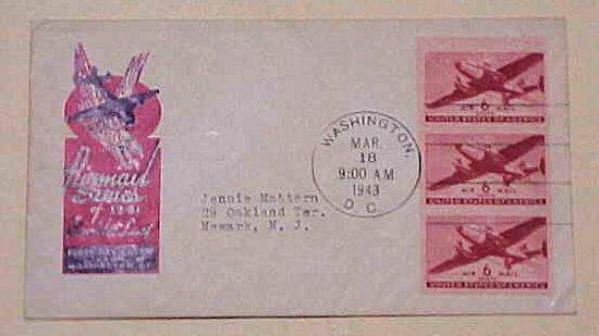 US FDC 6cents  AIRMAIL BOOKLET PANE 1943, 100R   CACHET