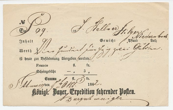 Shipping receipt Bayern 1862 Shipping receipt