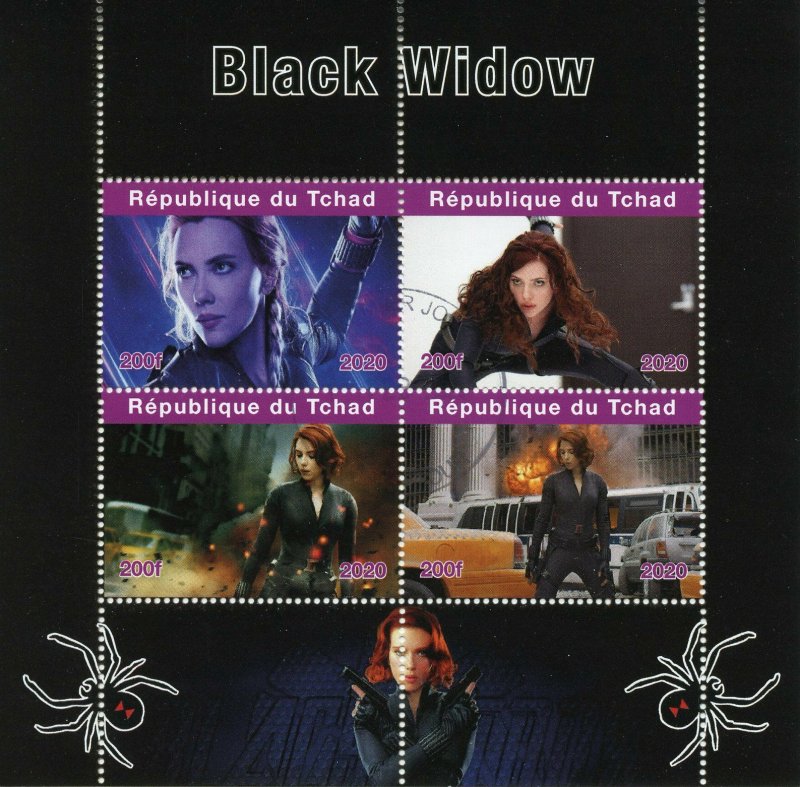 Chad Superheroes Stamps 2020 CTO Black Widow Marvel Scarlett Johansson 4v M/S