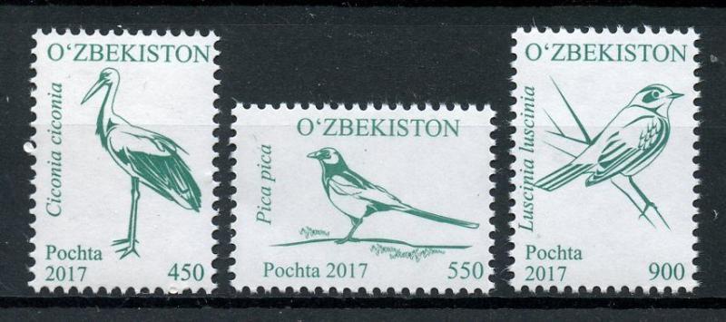 Uzbekistan 2017 MNH Birds Definitives Part 2 3v Set Magpies Storks Stamps
