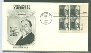 US 1295 1966 $5 John Bassett Moore (high value of prominent american series) plateblock of four on an unaddressed FDC with a fle