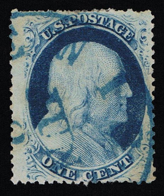 GENUINE SCOTT #24 1857 BLUE TYPE-V PLATE-7 RELIEF-D PLATED POS 76R7 BLUE CANCEL