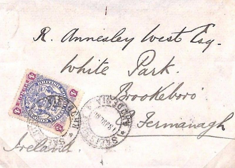 MS4068 1901 RHODESIA BSACo Salisbury Club Cover IRELAND Brookeboro Co.Fermanagh