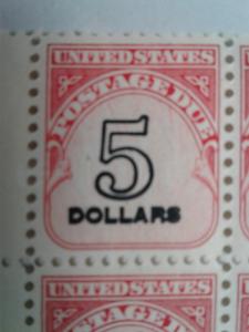 SCOTT # J-101 EFO  $ 5.00 U.S POSTAGE DUE PLATE BLOCK WITH OVERPRINT SCHMEAR !!