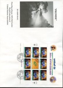 UN WFUNA  JOHN ISSAC  1995 50th ANN UNICEF SHEETS NY GENEVA VIENNA ON SIX FDCS